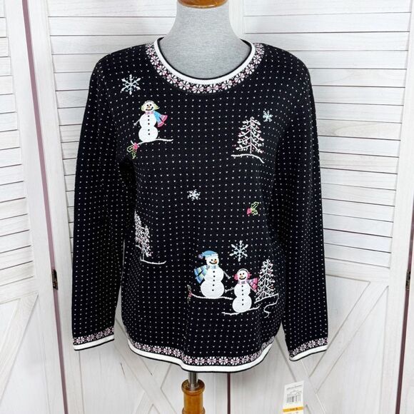 Alfred Dunner Embroidered Snowman Polka Dot Holiday Christmas Sweater Black S - Picture 1 of 11